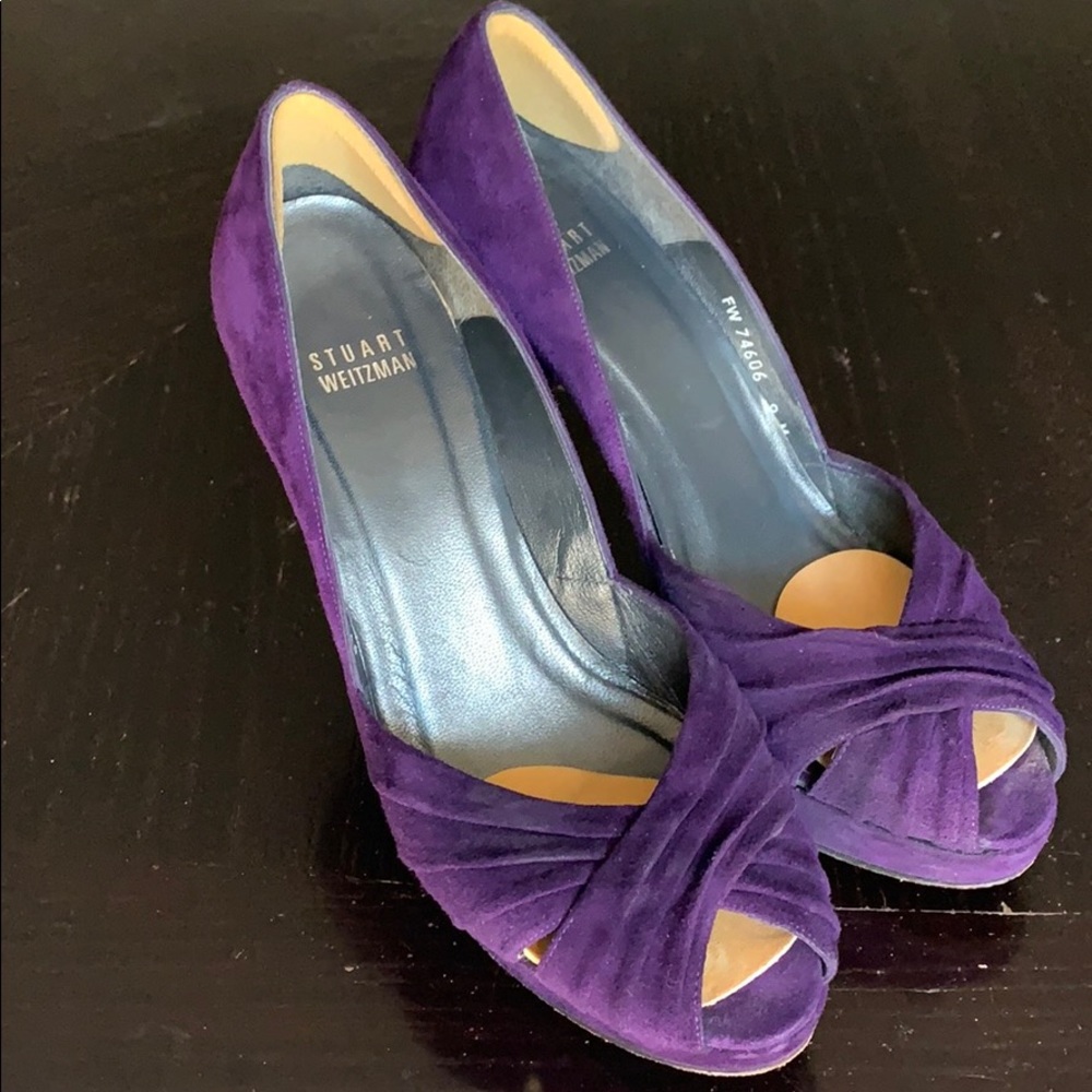 Stuart Weitzman Purple Suede Peep Toe Heels